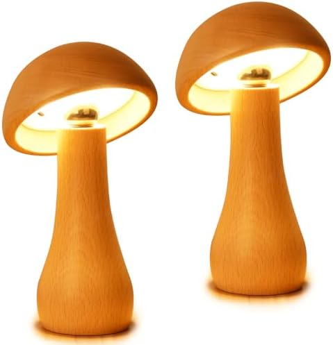 LONRISWAY 2 Pack Wooden Mushroom Lamp, Portable Cordless Small Rechargeable Battery Operated Lamp,Stepless Dimming,Night Light for Birthday Gifts by LONRISWAY