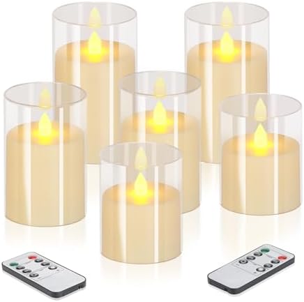 wemarry Flameless Candles 4" 5" 6" Acrylic Glass Pillars 3" Diameter Battery Operated Flickering Candles Include 8-Key Remote with Timer Function 400+ Hours (Pure White, Warm Light 6 Pack) by wemarry