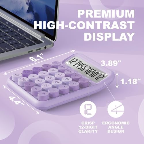 CATIGA Mechanical Switch Calculator, Purple Calculator with 12 Digit Large LCD Display & Big Buttons for Office Desk, Classroom Math, Back to School Supplies, Cute Aesthetic Desk Accessories - Image 2