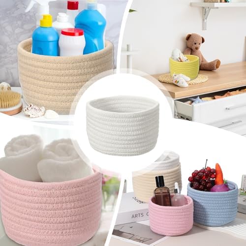 uxcell White Small Cotton Rope Woven Storage Basket, Shelf Closet Storage Gift Woven Baskets Cute Nursery Box Bin Decor Organization Bin for Home Supply, Round, 6.3x4.4 - Image 6