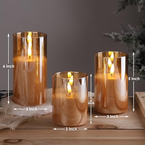 Eywamage Gold Glass Flameless Pillar Candles with Remote, Flickering Fall LED Candles Battery Operated Set of 3 - Image 2