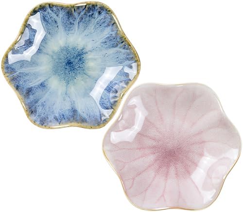 2Pcs Ceramic Jewelry Dish - Lotus Leaf Shape, for Ring Holder Necklace Small Key, Suitable for Mother Friend Sister, Gifts for Women, Cute Plate Trinket Tray, Home Decor (Light Blue & Pink) by Koyzsen
