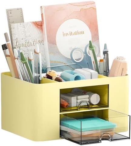 Marbrasse Pen Organizer with 2 Drawer, Multi-Functional Pencil Holder for Desk, Desk Organizers and Accessories with 5 Compartments + Drawer for Office Art Supplies (Yellow) by Marbrasse