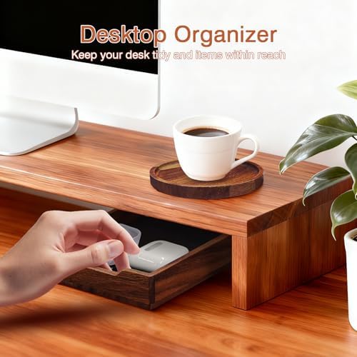 Walnut Desk Tray with Cup Coaster Set, Natural Wooden felt lined Desk Drawer Organizer for Keys, Pen, Watch, Home Office Desktop Accessories - Image 2