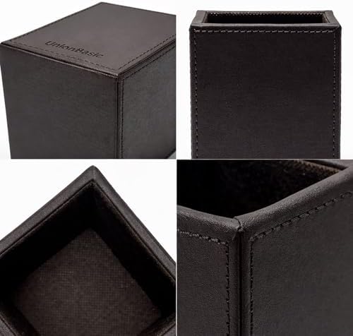 UnionBasic Square Pen Holder, Leather Pencil Cup, Desktop Caddy Stationery Organizer (Coffee) - Image 3