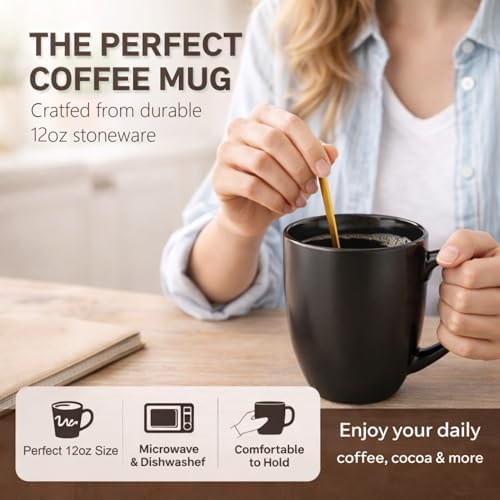 AmorArc 12 oz Coffee Mugs Set of 12, Ceramic Matte Black Coffee Cups Set - Image 5