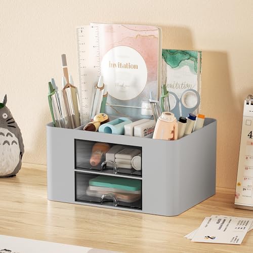Marbrasse Pen Organizer with 2 Drawer, Multi-Functional Pencil Holder for Desk, Desk Organizers and Accessories with 5 Compartments + Drawer for Office Art Supplies (Grey) - Image 3