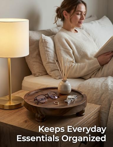 Demigo Acacia Wood Round Tray, 10 in Pedestal Riser Stand, Dark Brown - Image 6