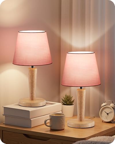 12" Wood Bedside Table Lamps Set of 2, Small Desk Lamps for Small Places, 3 Color Temperatures with Memory, Pink Linen Shade & E26 Bulbs, for Bedroom Living Room Office MP13TLP205 by GOEBLESON