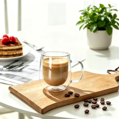CNGLASS 8.5oz Glass Coffee Mug,Double Walled Glass Mugs with Handle,Clear Espresso Cups for Latte,Cappuccino,Tea Bag,Set of 2 - Image 4