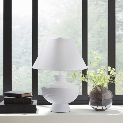 Signature Design by Ashley Harelwood Modern White Textured Table Lamp, 3-Way Switch, Plastic and Polyresin Sculptural Base with Cotton Fabric Shade, Living Room & Bedroom, Sanded White, 24" H - Image 2