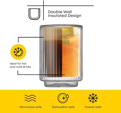JoyJolt Haven Fluted Stackable Espresso Cups Set of 4, 2.5oz Ribbed Double Wall Glasses, Stacking Insulated Coffee Cup Set, Small Glass Coffee Cups for Espresso Machine Accessories - Image 5