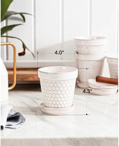 Ceramic Succulent Pots with Drainage Hole & Saucer, 4 Inch Small Plant Pots, Ceramic Planter for Indoor Plants, Embossed Flower Pots, Home Decor, Set of 4, Off-White - Image 5