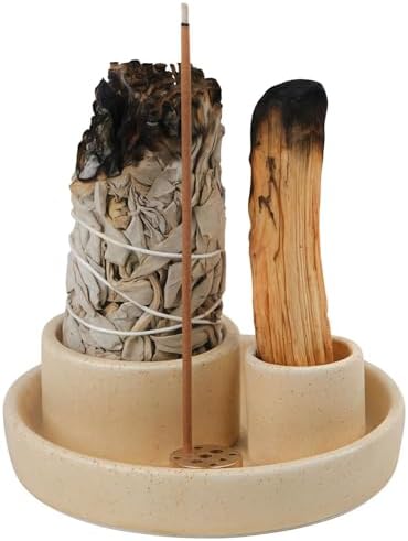 4 in 1 Incense Holder, Ceramic Incense Stick and Palo Santo Holder,Sage Holder for Burning- 4.25" Ceramic Ash Catcher Tray for Meditation and Yoga Room (Sand) by FancyLemon