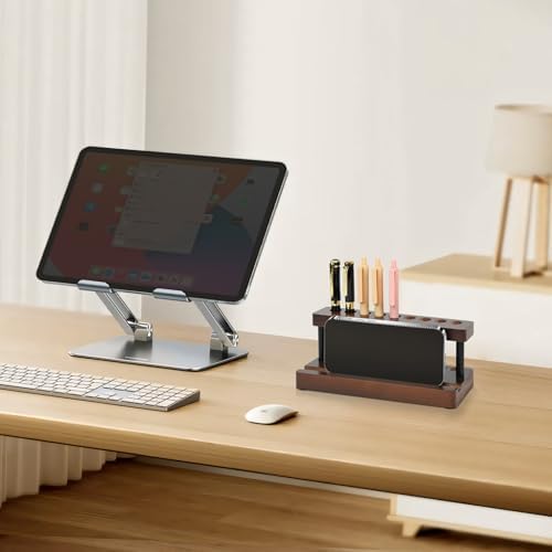 2 Pack Wooden Pen Holder for Desk, Wood Pencil Holder Fountain Pens Display Stand with 9 Slots and Phone Holder, Stylish Office Desk Decor, Pen Organizer for Office, Home - Image 3