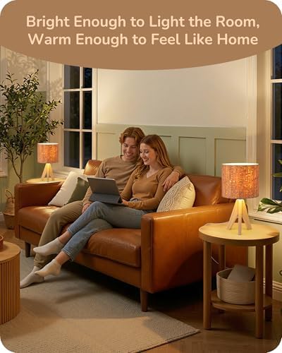 EDISHINE Small Table Lamp, Wood Tripod Nightstand Lamp, Bark Linen Shade - Image 7