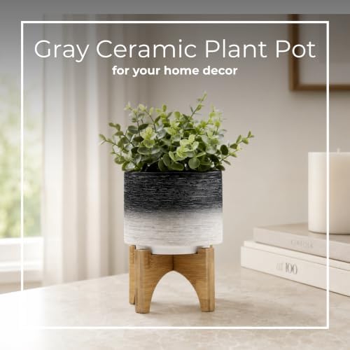 Modern Ceramic Planter with Wooden Stand – Stoneware Plant Pot Holder, Stylish Indoor & Outdoor Home Decor for Living Room, Bedroom, Office, or Garden, Plant Stand Indoor – 6", Gray & White - Image 4