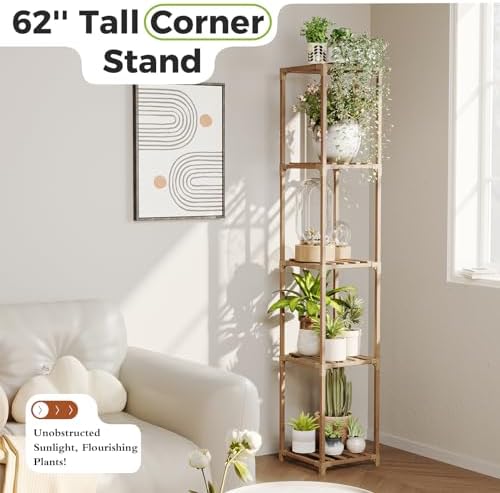 Bamworld Plant Stand Indoor Outdoor 5 Tier Tall Large Wood Plant Shelf - Image 2