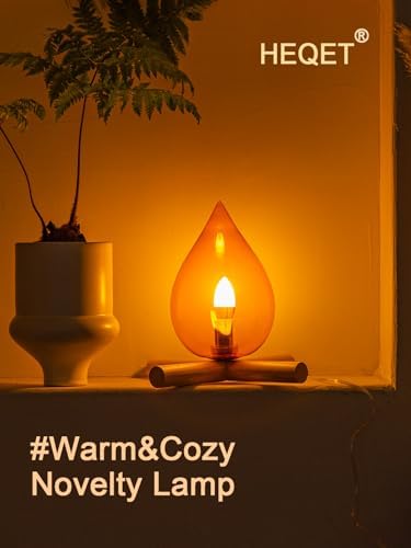 HEQET Campfire Table Lamp, Funky Lamps Cute Orange Glass Shade with Wooden Base, Unique Novelty Retro Cozy Night Light for Bedroom, Living Room, Or Cabin Decor – Warm Ambient Vintage Lighting - Image 6