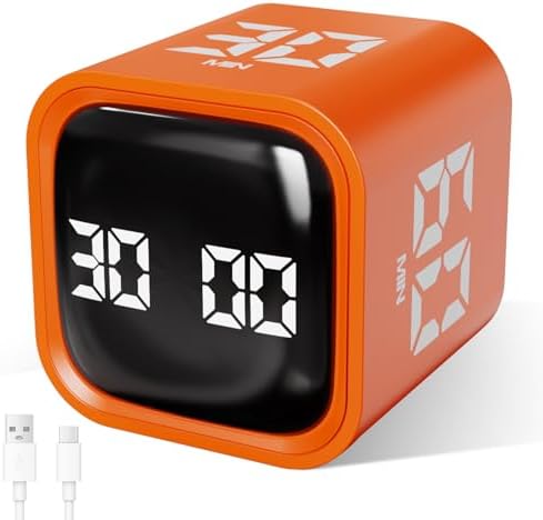 GuDoQi Multi-Function Cube Timer, 5/10/30/60 Min & Custom Count Down, Included Pause & Resume Feature, Silent, Vibrate & Adjustable Sound Alarm for Productivity in Tasks, Study & Kitchen, Orange by GuDoQi