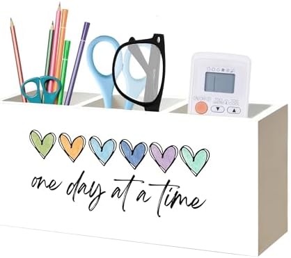 One Day At a Time Inspirational Mental Health Recovery Pen Pencil Holder Organizer for Home Therapy Office Desk Accessories, Motivational Self Love Wood Signs Makeup Brush Toothbrush Holder by Unknown