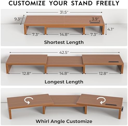 BONTEC Dual Monitor Stand Riser, Adjustable Length & Swivel Angle, Walnut - Image 3