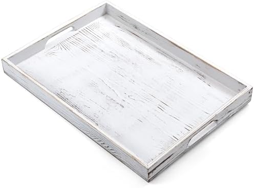 17 Inch Rustic White Serving Tray with Handles - Large Wooden Tray for Ottoman, Breakfast in Bed, Dinner, Coffee Table - Decorative Rectangular Tray for Living Room Bedroom Entryway and Kitchen Decor by Unknown