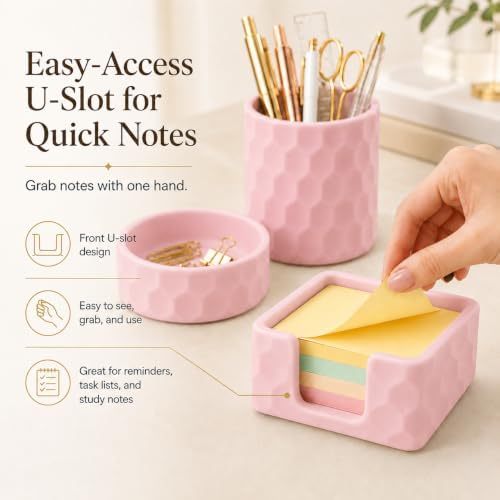 Aesthetic Geometric Silicone Desk Organizer Set of 3,Modern Office Desk Accessories with Round Pen Holder,Paperclip Tray,Sticky Note Holder,Stylish Functional Desk Decor for Home Office(Pink) - Image 4