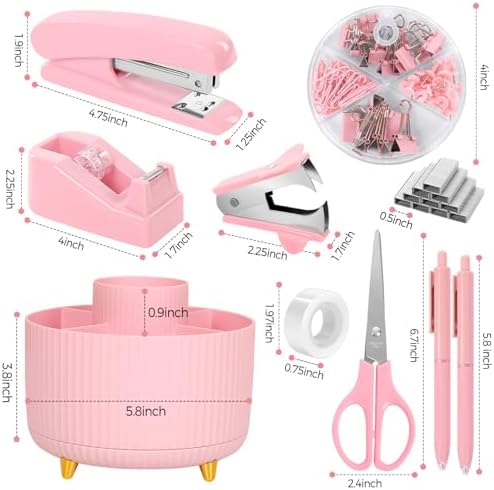 SKYDUE Pink Office Supplies Set, Pencil Holder for Desk,Gel Pen, Stapler, Tape Dispenser, Scissors,Clips and 1000pcs Staples, Office Decor for Women, Pink Desk Accessories - Image 6