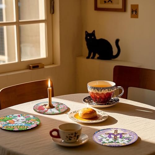 NEGEKFKX 8 Pcs Easter Diamond Art Painting Coasters Kits,Christianity Coaster with Holder for Adults, Non-Slip DIY Dot Paint Craft Kits,5D Full Drill DIY Diamond Dot Gem Art Kit Home Decor Arts Craft - Image 3