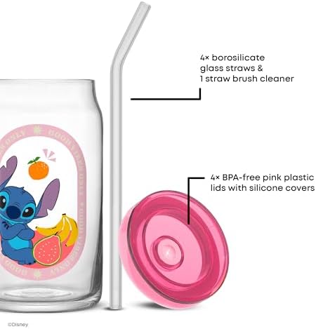 JoyJolt Disney Stitch Island Vibes Glass Tumblers with Lids and Straws, 16oz Glass Cups with Lids and Straws, Can Shaped Drinking Glasses Set of 4, Stitch Stuff, Disney Gifts for Adults - Image 3