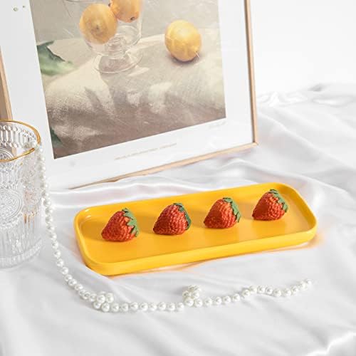 Ceramic Bathroom Tray,Kitchen Sink Organizer Tray,Cosmetics Holder,Vanity Trays,Candle Tray,Dessert Plate,Simple Style Rectangle Tray for Dessert Fruit Jewelry Perfume Soap Succulents Plant (Yellow) - Image 3