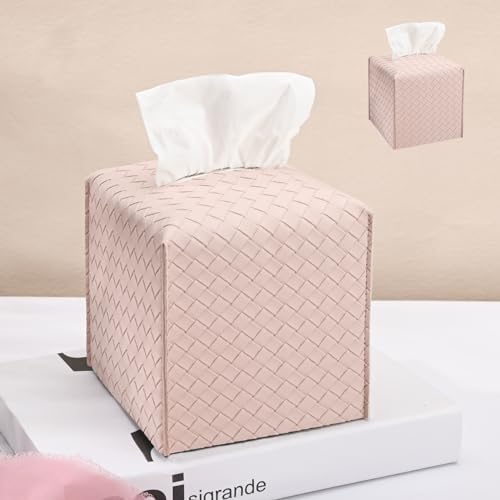 HOMOTEK 2 Pack Tissue Box Cover, Square PU Leather Tissue Holder, Decorative Facial Tissue Cube Paper Organizer Dispenser for Bathroom, Night Stands, Desk, Car 5X5X5'' - Woven Waffle,Macaron Pink by HOMOTEK
