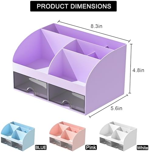 COMFYROOM Desk Organizer with 6 Compartments and 2 Drawers, Plastic Makeup Organizer, Pen Holder for Desktop Storage, Desk Organization for School, Home, Office Supplies (Purple) - Image 3