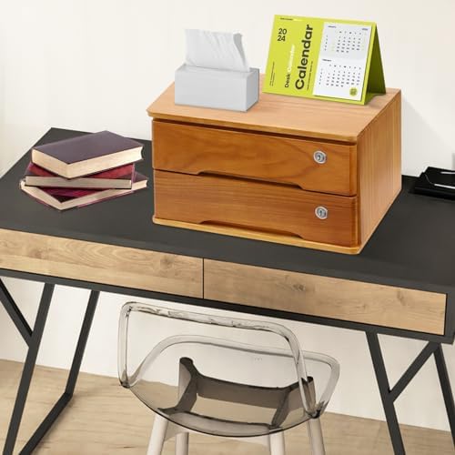 2-Tier Desktop Storage Box with Lockable Drawer, Wooden Desk Organizer for Office Supplies, Flat File Cabinet, Minimalist Design for Home & Office Use(Wooden+Yellow) - Image 5