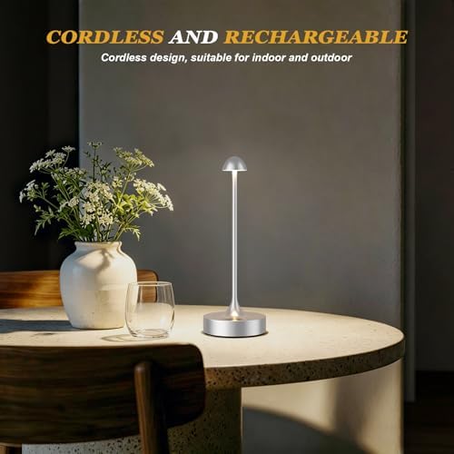 Kakanuo Rechargeable Cordless Table Lamp, Battery Operated Lamps, 3-Color Stepless Dimming, Portable Wireless Desk Lamp, LED Lighting for Dining Room, Restaurant, Office, Bar, Home(Silver 2 Pack) - Image 2