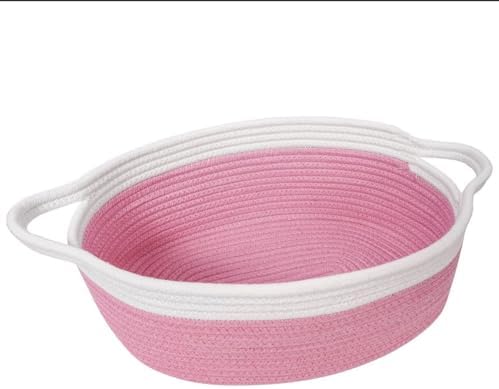 Woven Cotton Rope Storage Basket with Handle, Round Home Storage Basket for Home Organization and Gift Organizer, Home Organizer, Bedroom, Living Room, 12 x 8 x 5 Inch (Pink White) by Unknown