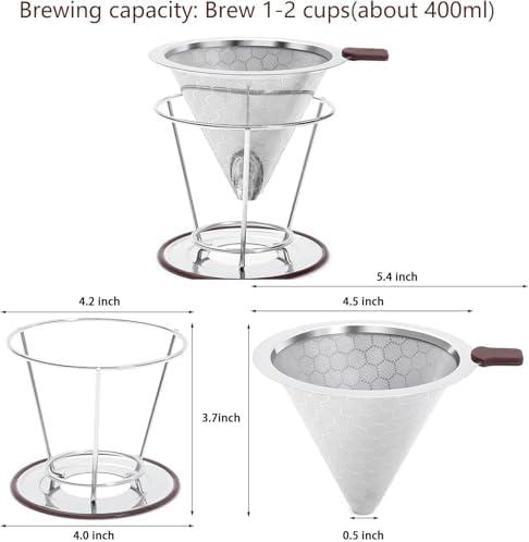 Pour Over Coffee Dripper Stainless Steel Coffee Filter Metal Cone Filter Paperless Reusable Single Cup Maker 1-2 Cup With Non-slip and Removable Cup Stand - Image 3