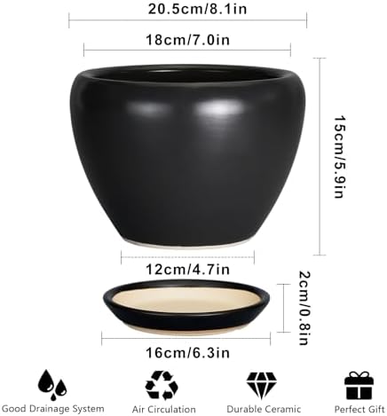 Ceramicfor Ceramic Planter Pot - 8 Inch Plant Pot with Drainage Hole and Saucer Round Planter for Indoor Plants Modern Outdoor Flower Pot for House Balcony Black - Image 3