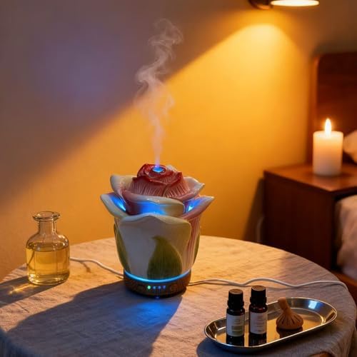 Ceramic Hand-Painted Rose Essential Oil Diffuser ，80 ml Timers Night Lights and Auto Off Function Home Office Humidifier (Champagne) - Image 3