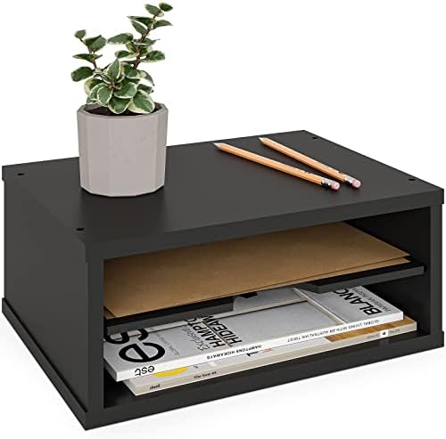 Ballucci File Organizer, 2-Tier Document Paper Sorter, Stackable Wood Desk Organizer Mail Holder, Monitor Stand with Storage Shelves, Black by Ballucci