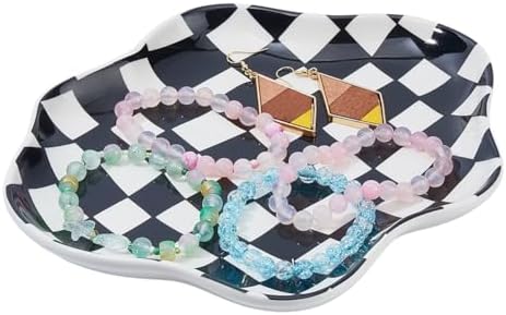 DICOSMETIC 1Pc Ceramic Jewelry Dish Black Checkered Trinket Tray Organizer Small Cloud Trinket Holder 9.06x7.48x1.02 Inch Decorative Jewelry Plate for Key Ring Earring Home Bathroom Bedroom by DICOSMETIC