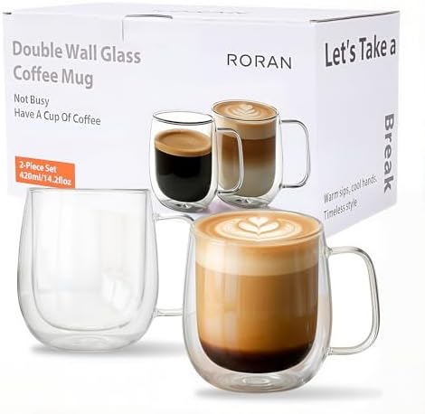 Roran Double Wall Glass Coffee Mugs, Clear Borosilicate Glass with Handle, 14.2oz, 2 Piece Set, High-Heat Resistant by Unknown