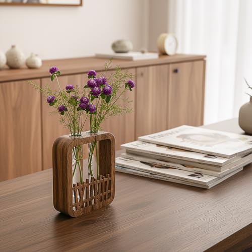 Walnut Wood Terrarium Planter - 2 Glass Test Tube Vase & Boho Plant Stand for Hydroponics, Home Office Desk Decor, Unique Housewarming Birthday Gifts for Women Plant Lovers - Image 2