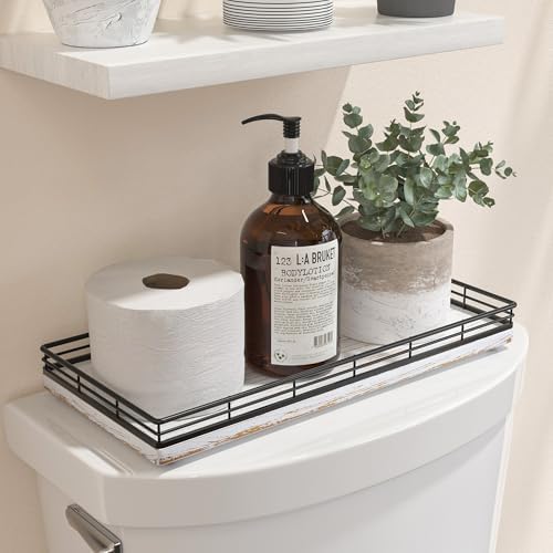 Bathroom Toilet Tank Tray, 13" Wood Toilet Paper Storage Basket Tray Back of Toilet Basket Organizer,Vanity Tray for Perfume Makeup Candle Decor, Black & Farmhouse White by Focusonit