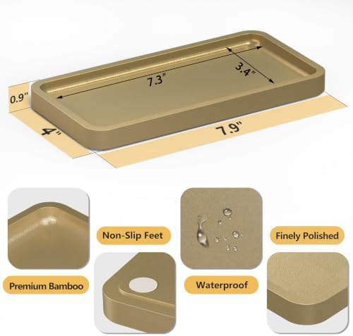 Weenson Gold Bathroom Vanity Tray for Countertop Makeup Perfume Jewelry Decor Candle Keys, Bamboo Kitchen Tray for Soap Dispenser Spice, Small Toilet Tray Nightstand 7.9" L x 4" W x 0.79" H - Image 3