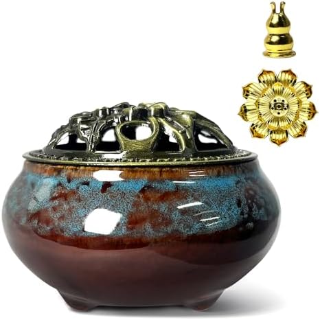 Ceramic Incense Burner, Bowl Burner,Cone Incense Burner with Brass lid for use with Stick or Cone-Shaped Incense，Lotus Incense Stick Holder Calabash Incense Stick Holder, 3pc (Fambe Blue) by X%26Y+Life
