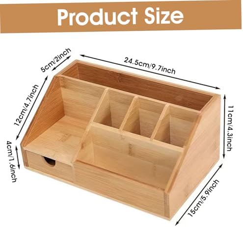 Desk Organizers, Bamboo Desk Organizer, Space-saving Wooden Organizer with Drawer, Storage Box, Pencil Box, Tray for Office, Home Office, 9.6 x 5.9 x 4.3in, Wood - Image 2