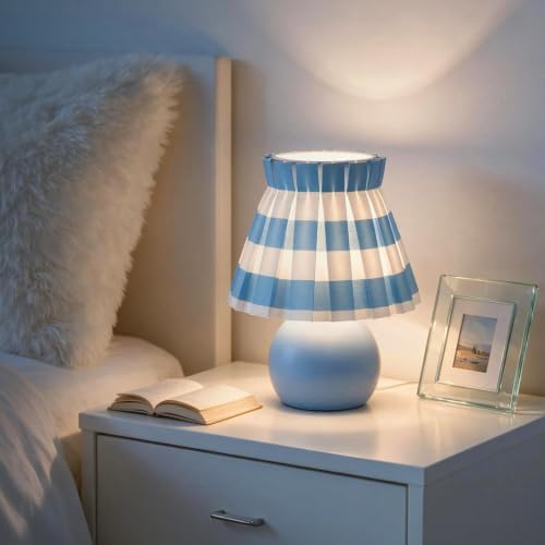 Ziqqeelam Blue White Plaid Small Bedside Table Lamp, Round Blue Base Nightstand Lamp, Cute Mini Table Lamp with Pleated Shade for Bedroom, Kitchen Counter, Bookshelf, Living Room, Kids Dorm - Image 6