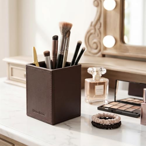 UnionBasic Square Pen Holder, Leather Pencil Cup, Desktop Caddy Stationery Organizer (Coffee) - Image 5